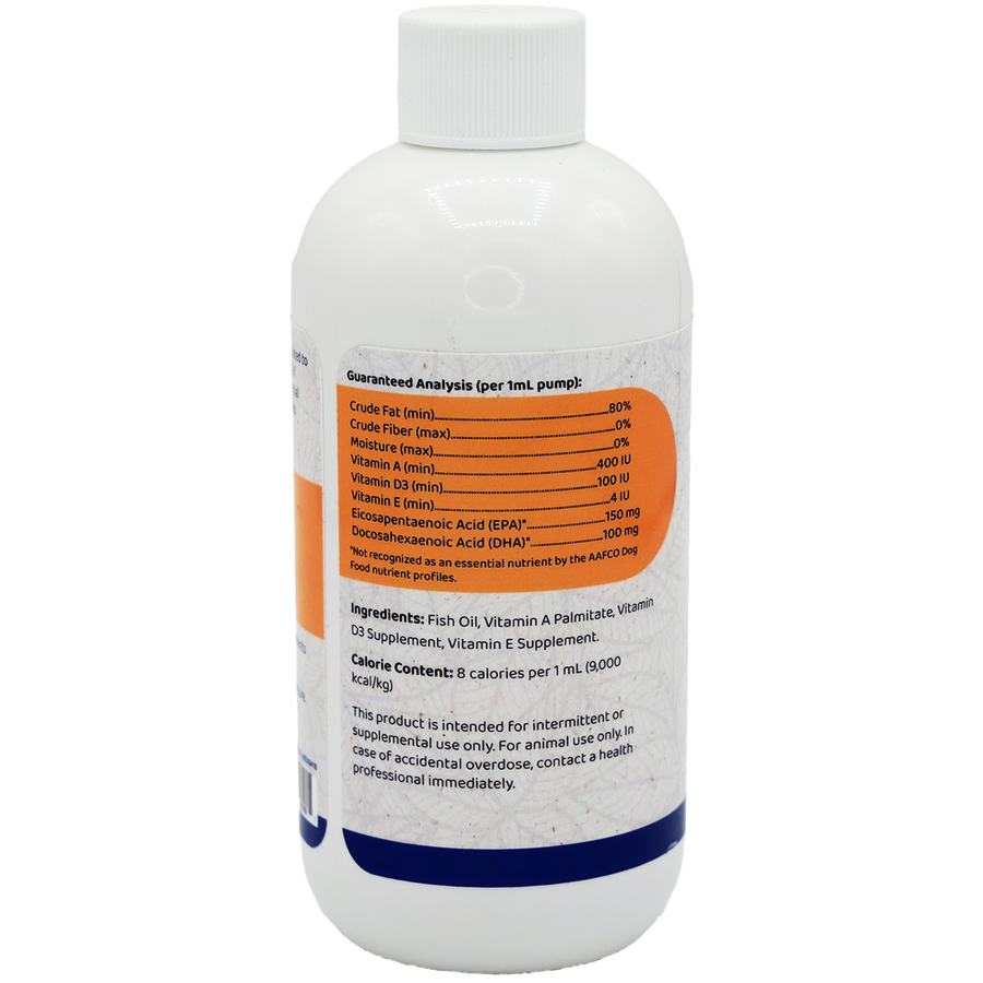 Guaranteed Analysis, Ingredients and Caloric Content for Thrive Pet Supplements Omega Liquid Fish Oil for Dogs 8oz