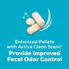 Enhanced pellets with active clean scent. Provides improved fecal odor control.