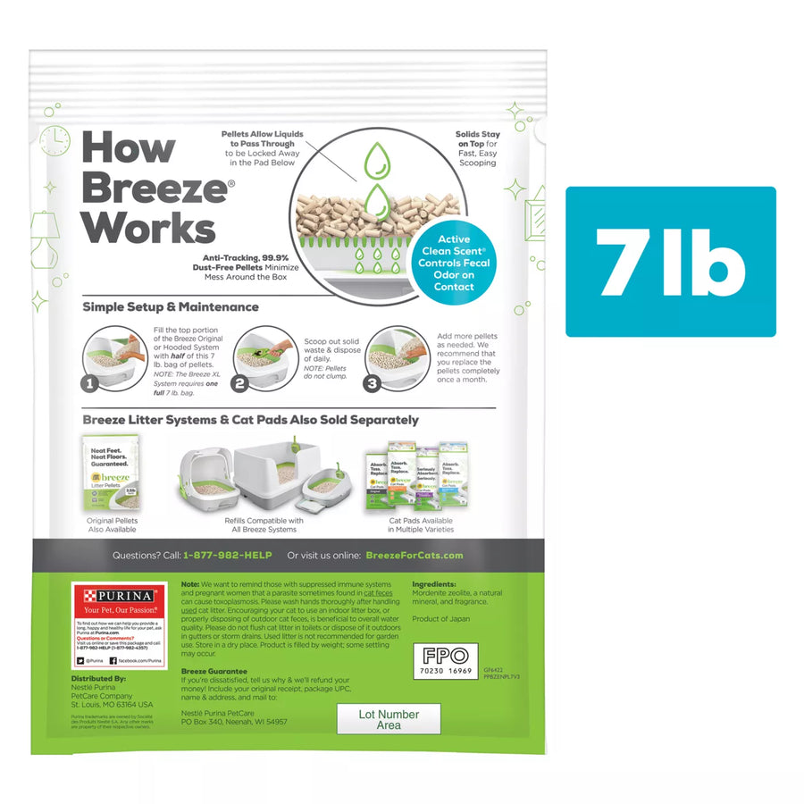 Back panel of packaging bag. Tidy Cats Breeze Enhanced litter pellets. Active Clean Scent controls fecal odor on contact. Simple setup & maintenance. 7 pound bag