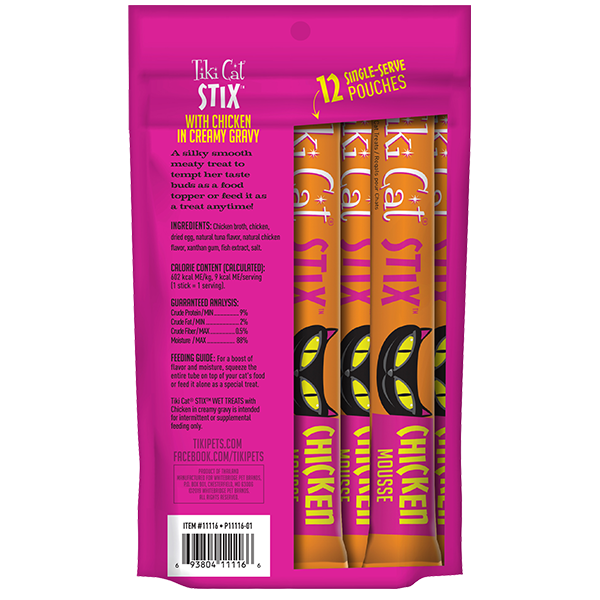 Tiki Cat Stix Chicken Mousse Cat Treats 12 Single Serve-Pouches Back Packaging
