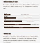 To transition, gradually mix in the new food over a 5-7 day period, increasing the amount of RAWZ each day, so that you are feeding 100% RAWZ by day 7.