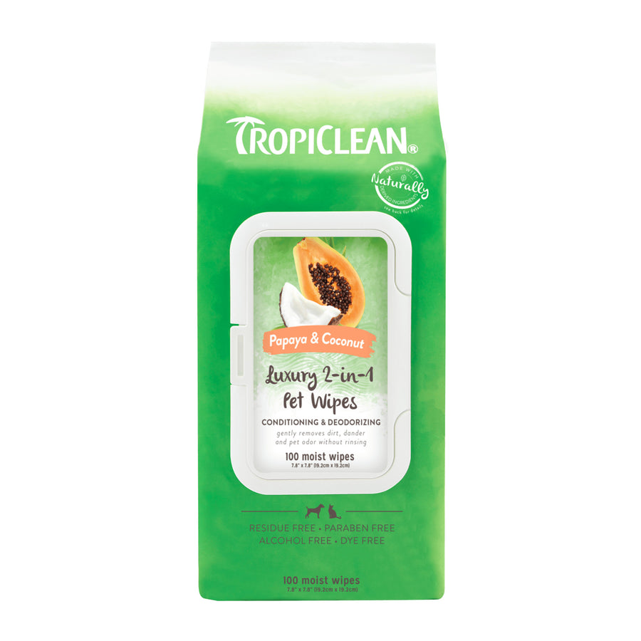 Front packaging of Tropiclean Papaya & Coconut Luxury 2-in-1 Pet Wipes 100 moist wipes