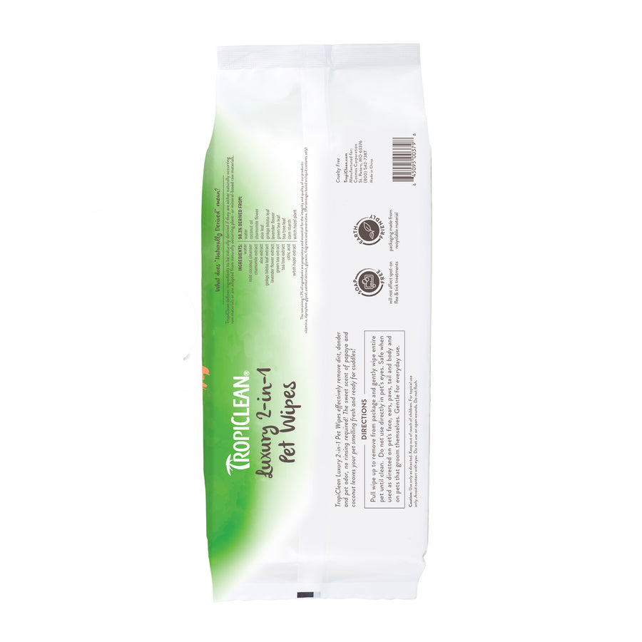 Back packaging of Tropiclean Papaya & Coconut Luxury 2-in-1 Pet Wipes