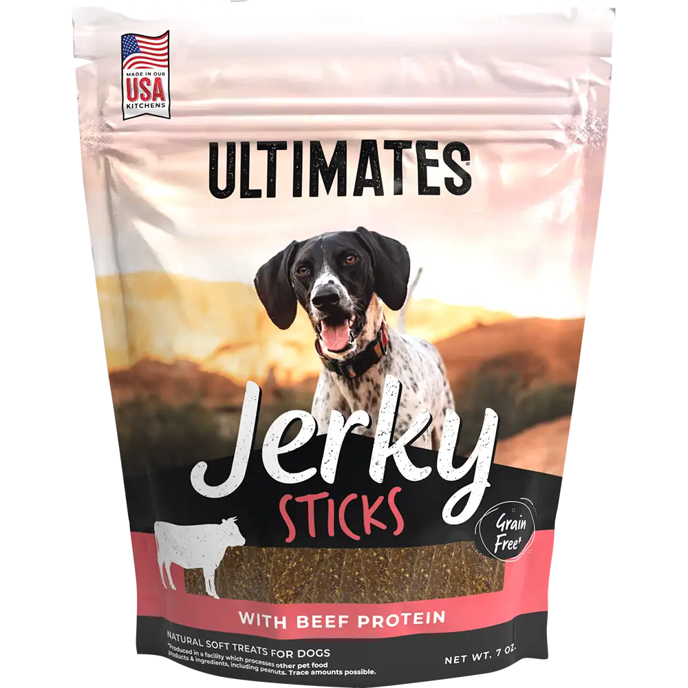 Front pouch of Ultimates Jerky Sticks with Beef Dog Treats 7oz