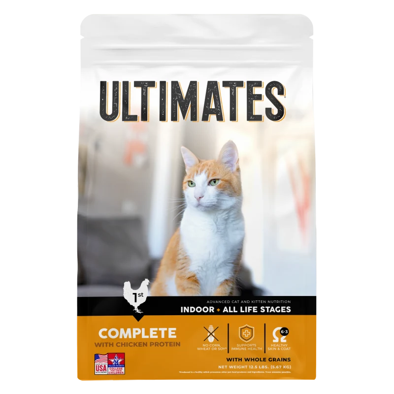 Ultimates cat food package with a cat on the label against white background, 12.5lbs, Front of bag
