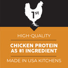 Logo of a rooster with text about high-quality chicken protein and USA production on an orange and black background.