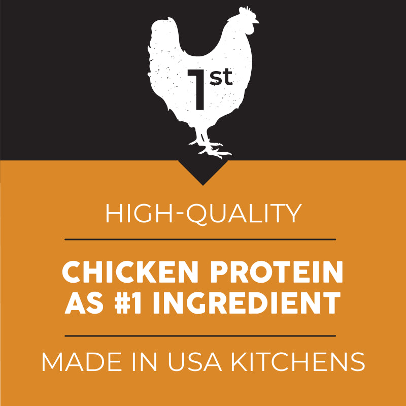 Logo of a rooster with text about high-quality chicken protein and USA production on an orange and black background.