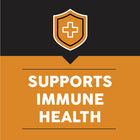 Shield icon with a cross symbol on a black and orange background, indicating support for immune health.