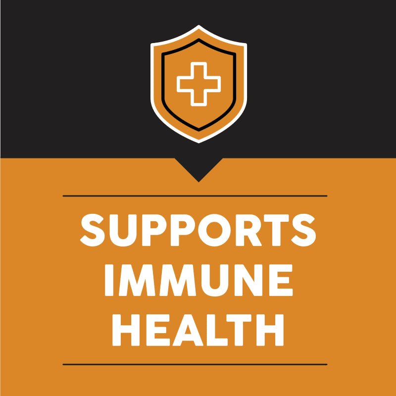 Shield icon with a cross symbol on a black and orange background, indicating support for immune health.