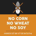 Logo with crossed corn stalks and text 'No Corn No Wheat No Soy' on a black and orange background.