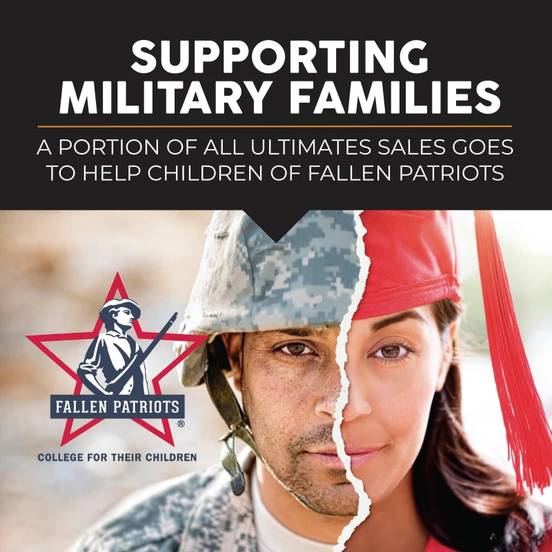 Advertisement supporting military families with a split image of a soldier and a civilian, featuring the Fallen Patriots logo.