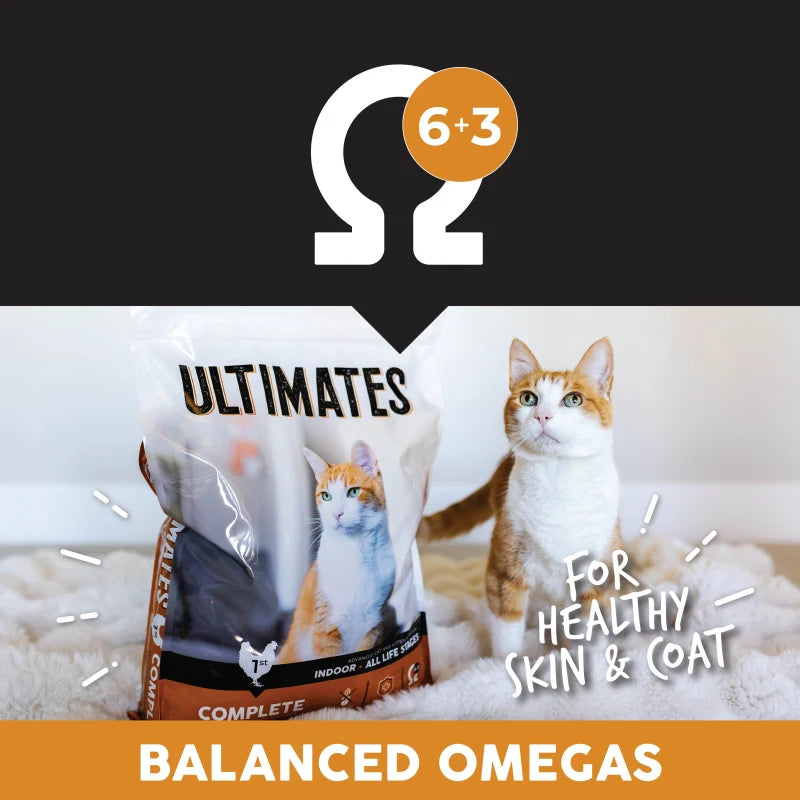 Cat food package with a cat on a white background, featuring the Omega-6 and Omega-3 being balanced