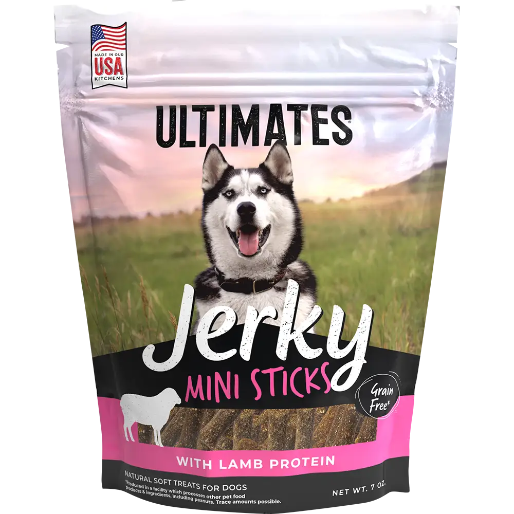 Front pouch of Ultimates Jerky Mini Sticks with Lamb Dog Treats 7oz