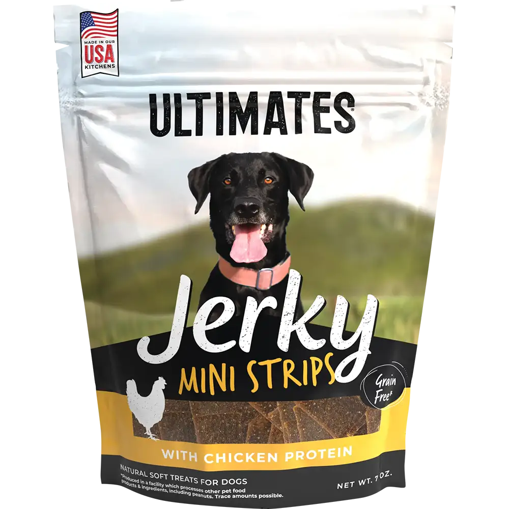 Front pouch of Ultimates Jerky Mini Strips with Chicken Dog Treats 7oz