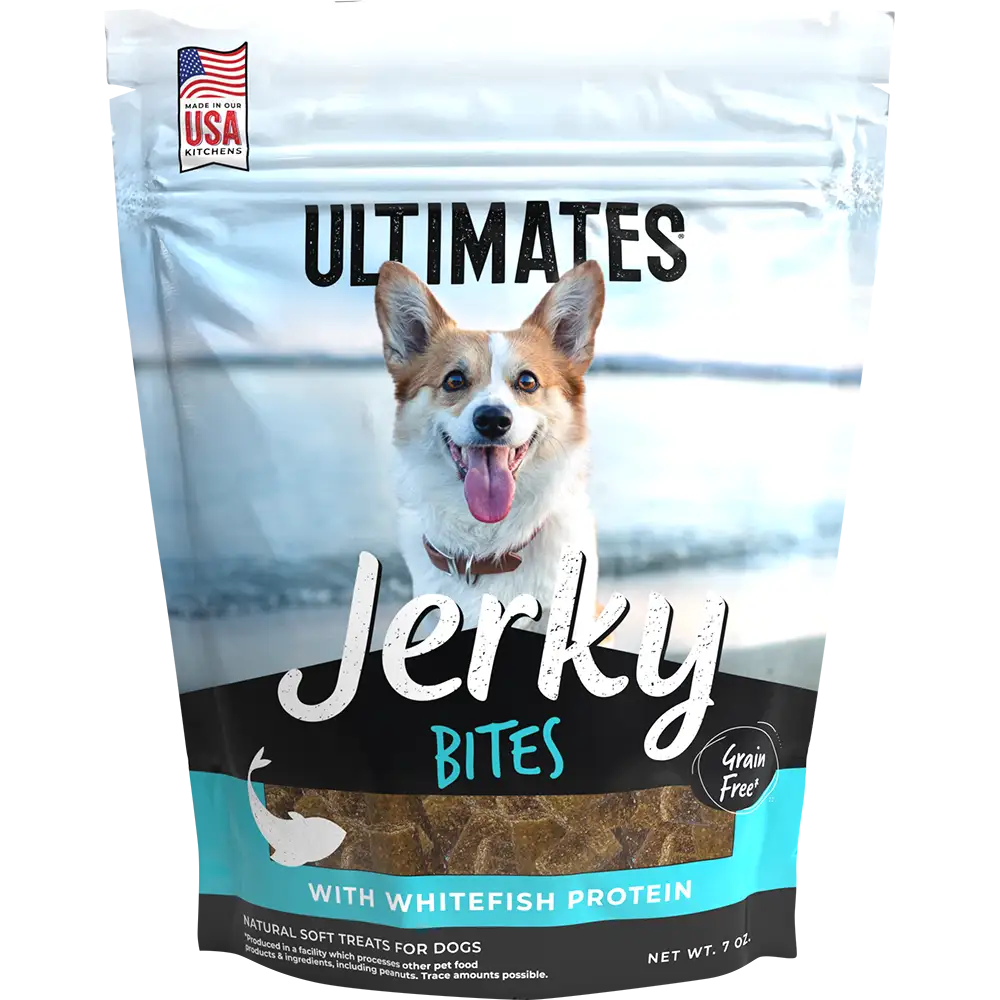 Front pouch of Ultimates Jerky Whitefish Bites Dog Treats Training Treat Size 7oz