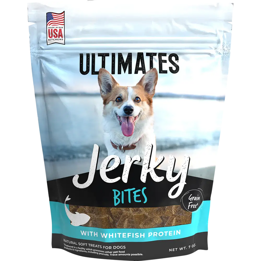 Front pouch of Ultimates Jerky Whitefish Bites Dog Treats Training Treat Size 7oz