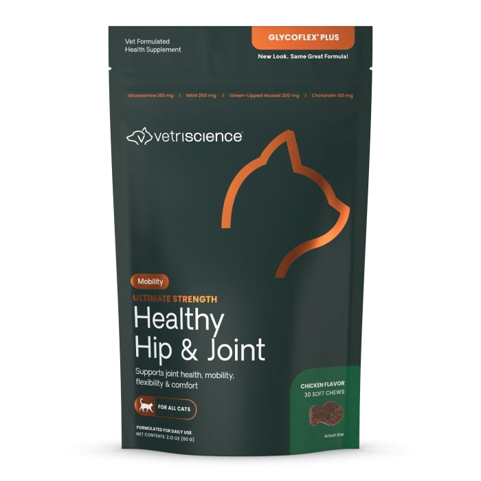 Vetriscience Ultimate Strength Healthy Hip & Joint Soft Chews Chicken Flavor For Cats front of bag. 