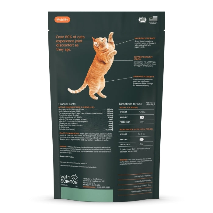Vetriscience Ultimate Strength Healthy Hip & Joint Soft Chews Fish Flavor For Cats back of bag. 