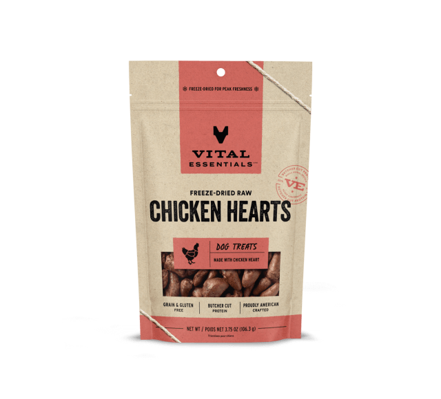 Vital Essentials Freeze-Dried Chicken Hearts Dog Treats 3.75oz Front Packaging