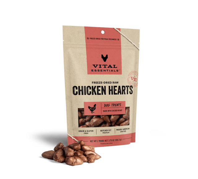 Vital Essentials Freeze-Dried Chicken Hearts Dog Treats 3.75oz, Front Packaging