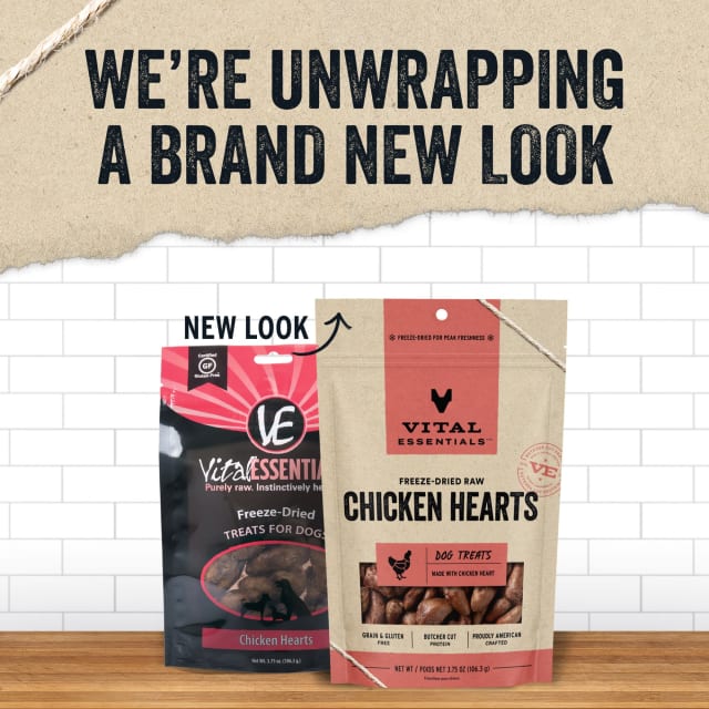 Vital Essentials Freeze-Dried Chicken Hearts Dog Treats with a brand new look