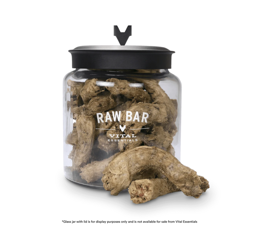 Vital Essentials Freeze-Dried Chicken Necks Dog Treats in a jar