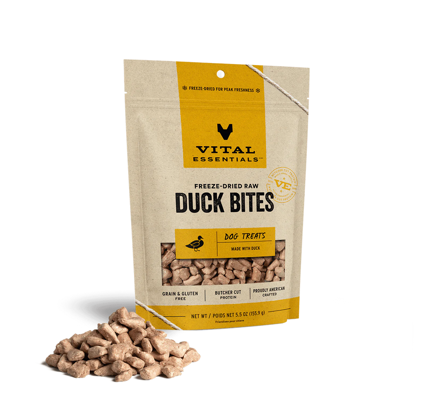 Front pouch of Vital Essentials Freeze-Dried Duck Bites Dog Treats 5.5oz