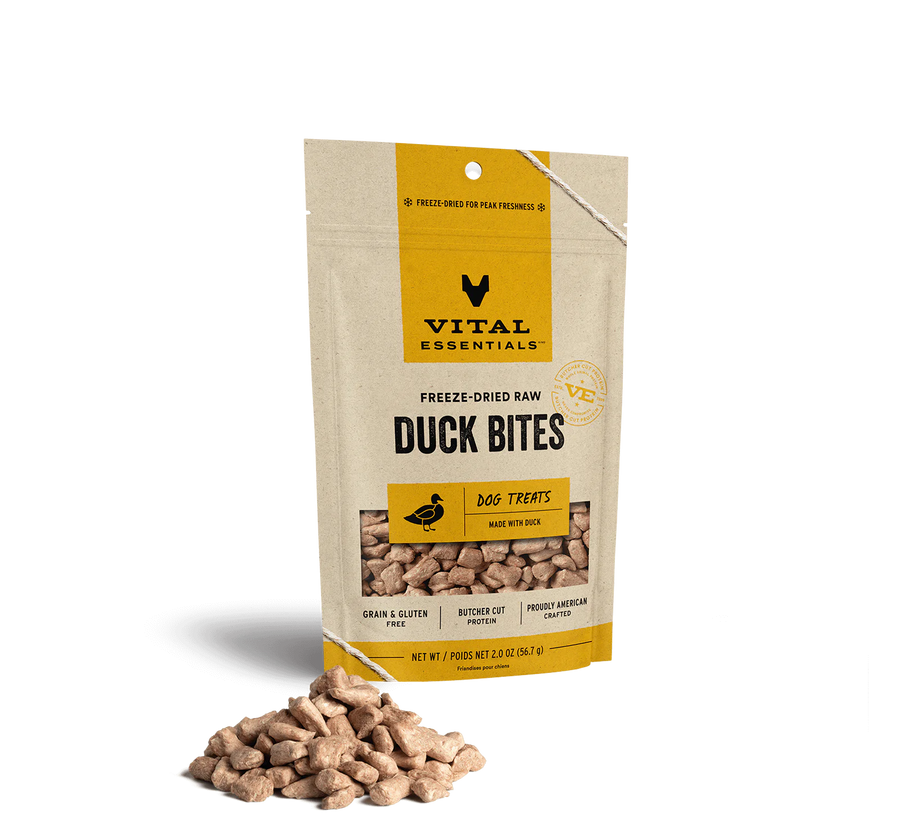 Front pouch of Vital Essentials Freeze-Dried Duck Bites Dog Treats