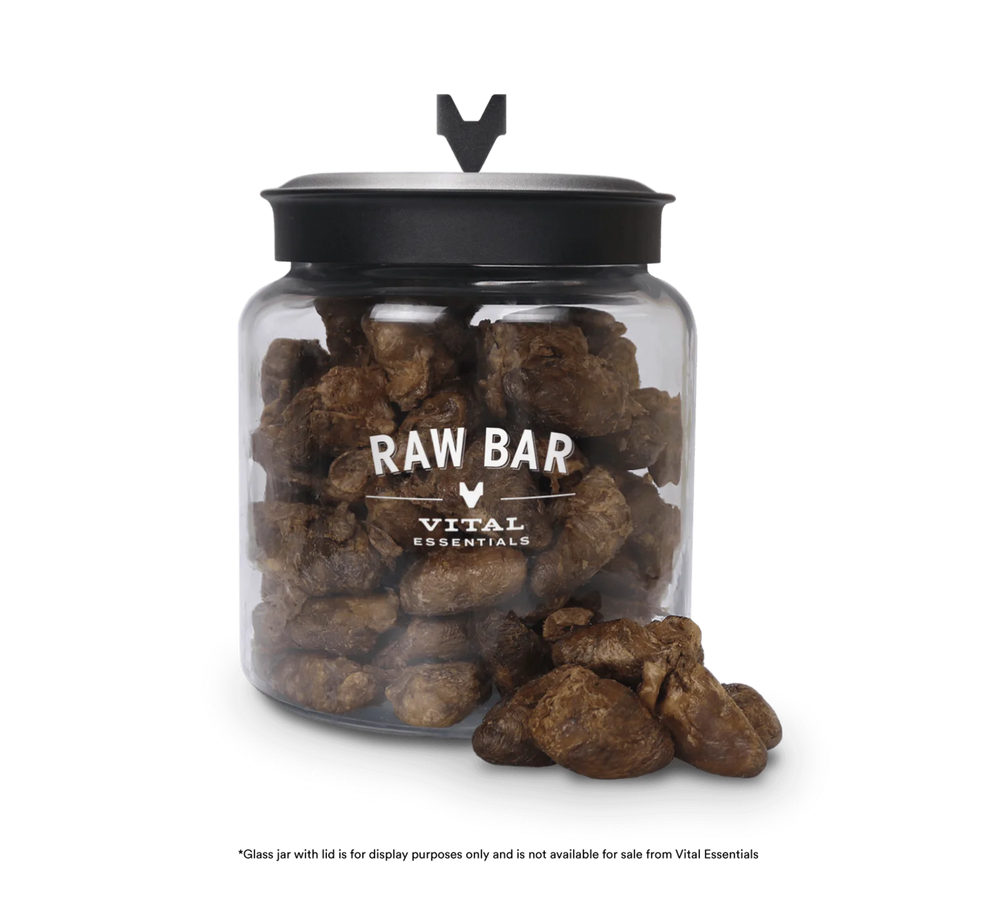 Vital Essentials Freeze-Dried Duck Heart Dog Treats in a jar