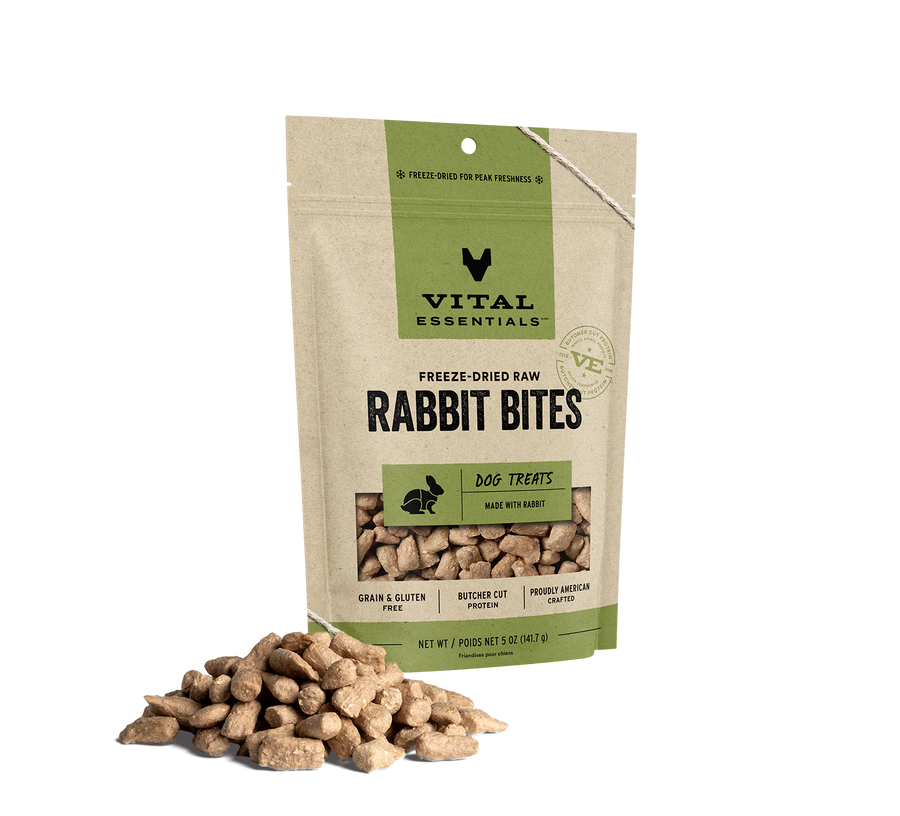 Front pouch of Vital Essentials Freeze-Dried Rabbit Bites Dog Treats 5oz