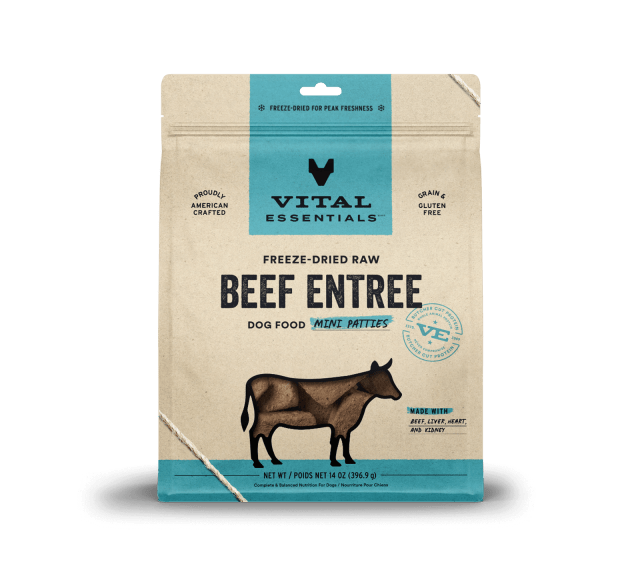 Vital Essentials Freeze-Dried Raw Beef Entree Dog Food Mini Patties 14oz, Front of bag