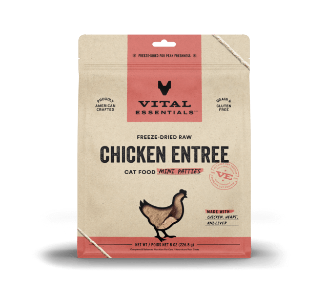 Vital Essentials Freeze-Dried Raw Chicken Entree Cat Food Mini Patties 8oz, Front of bag