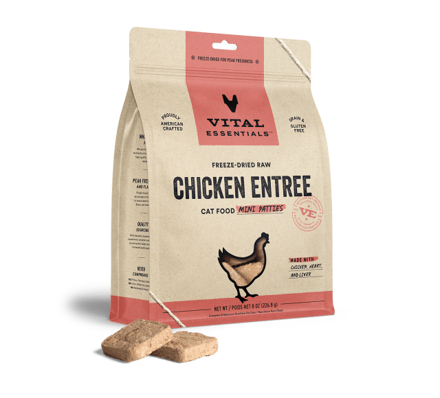 Vital Essentials Freeze-Dried Raw Chicken Entree Cat Food Mini Patties 8oz, Front Side