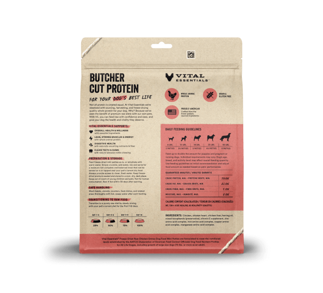 Vital Essentials Freeze-Dried Raw Chicken Entree Dog Food Mini Patties 14oz, Back of bag