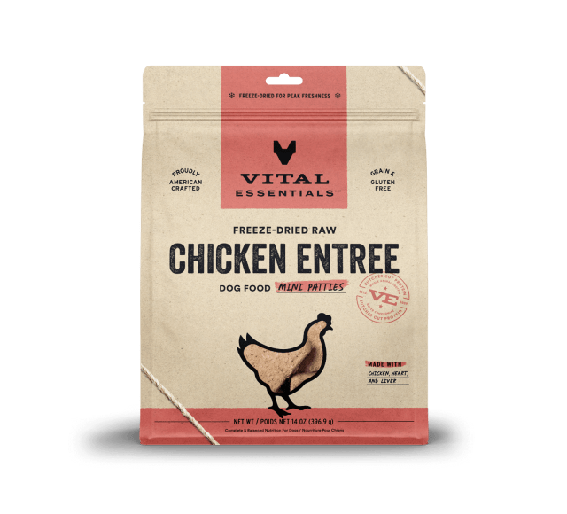 Vital Essentials Freeze-Dried Raw Chicken Entree Dog Food Mini Patties 14oz, Front of bag