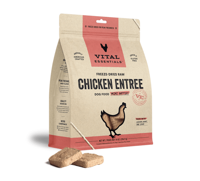 Vital Essentials Freeze-Dried Raw Chicken Entree Dog Food Mini Patties 14oz, Front Side