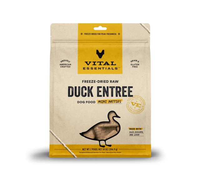 Vital Essentials Freeze-Dried Raw Duck Entree Dog Food Mini Patties 14oz, Front of bag