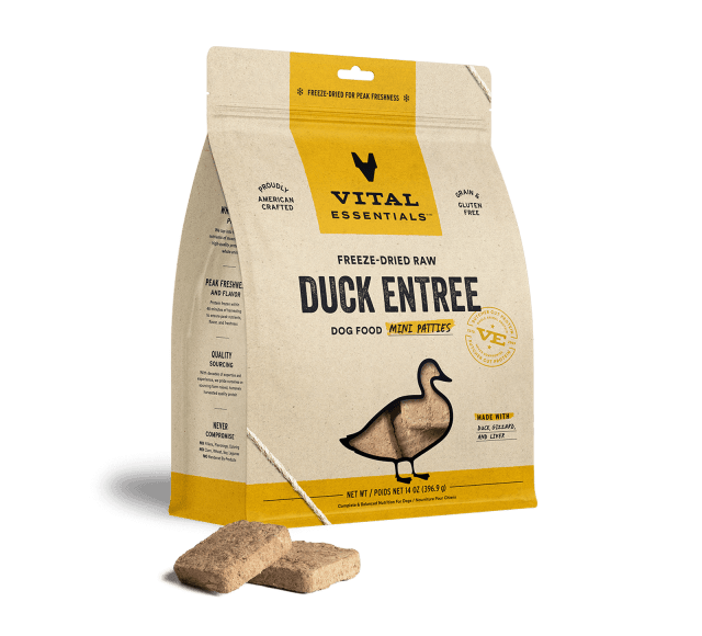 Vital Essentials Freeze-Dried Raw Duck Entree Dog Food Mini Patties 14oz, Front Side
