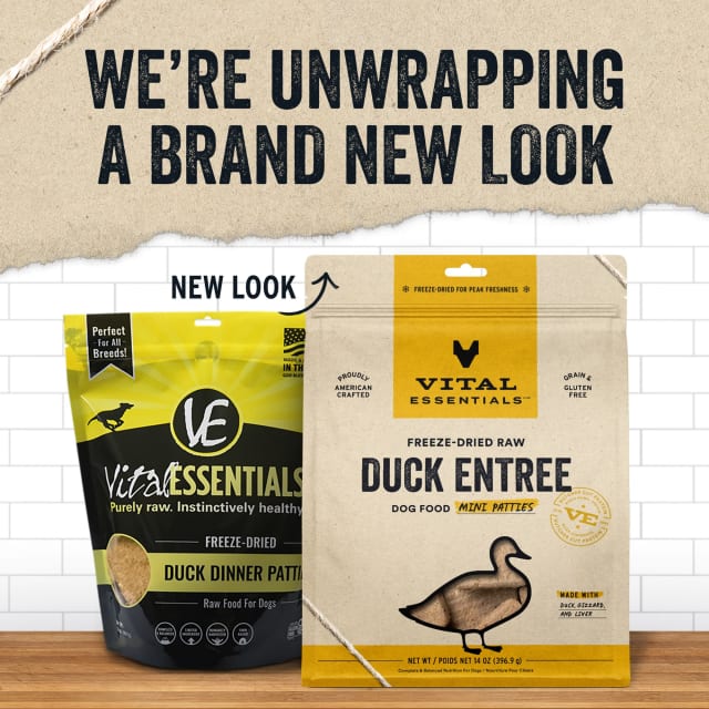 Vital Essentials Freeze-Dried Raw Duck Entree Dog Food Mini Patties 14oz, New Packaging