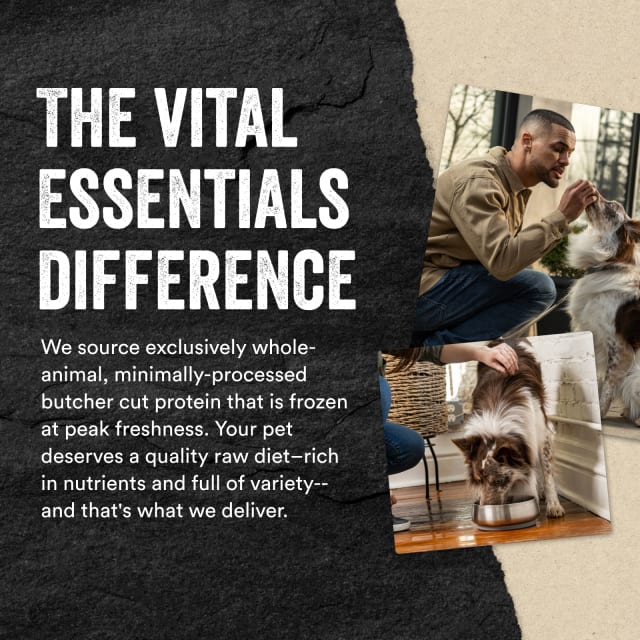 Vital Essentials Difference, exclusive whole-animal, minimally processed protein frozen at peak freshness.