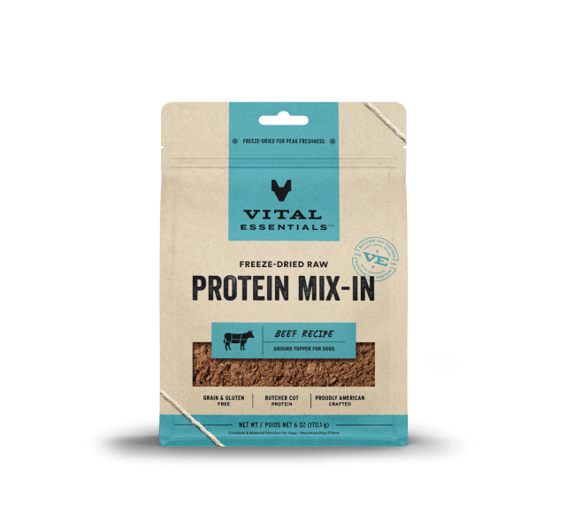 Vital Essentials Freeze-Dried Raw Protein Mix-In Beef Recipe Ground Topper for Dogs 6oz, Front of bag