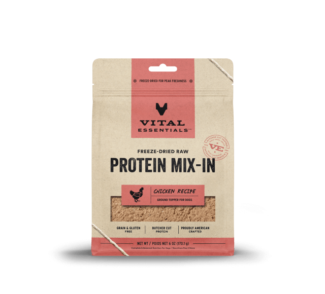 Vital Essentials Freeze-Dried Raw Protein Mix-In Chicken Recipe Ground Topper for Dogs 6oz, Front of bag
