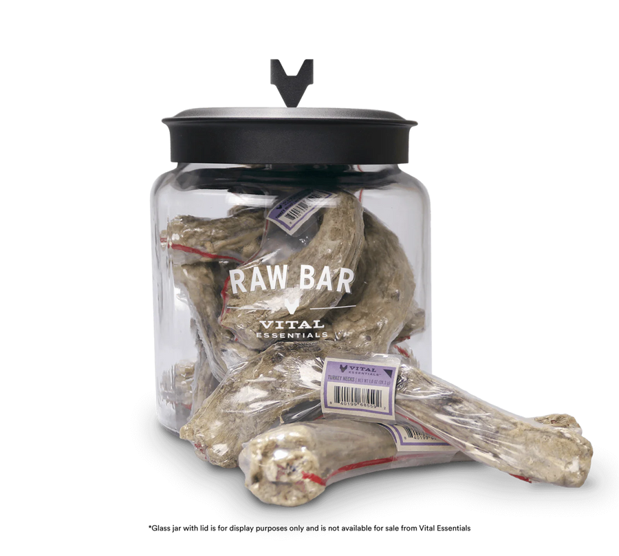 Vital Essentials Freeze-Dried Turkey Neck Dog Treat in a jar