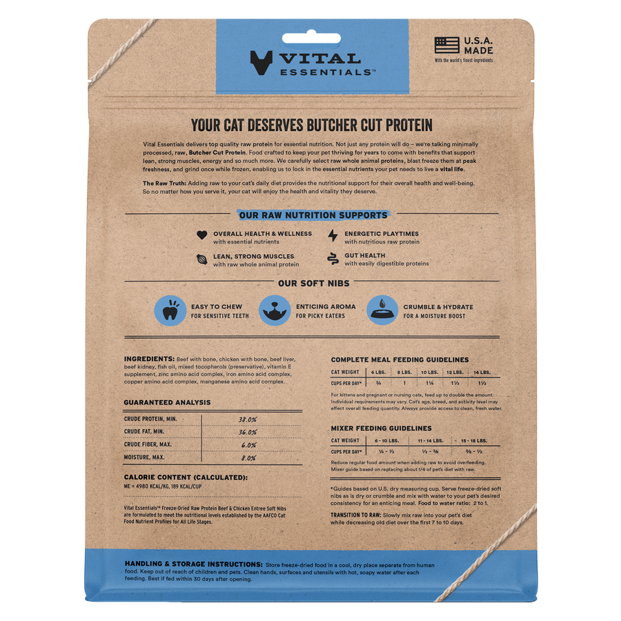 Back Packaging of Vital Essentials Freeze Dried Beef & Chicken Soft Nibs Cat Food 12 oz