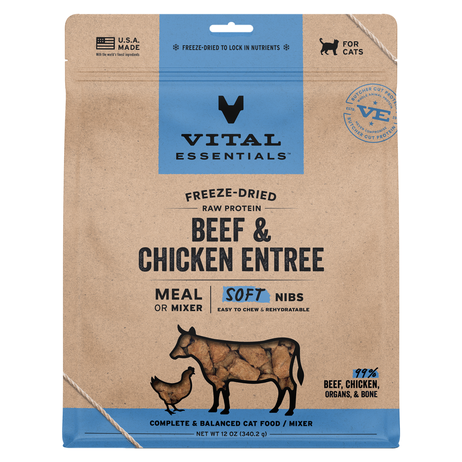 Front Packaging Vital Essentials Freeze Dried Beef & Chicken Soft Nibs Cat Food 12 oz