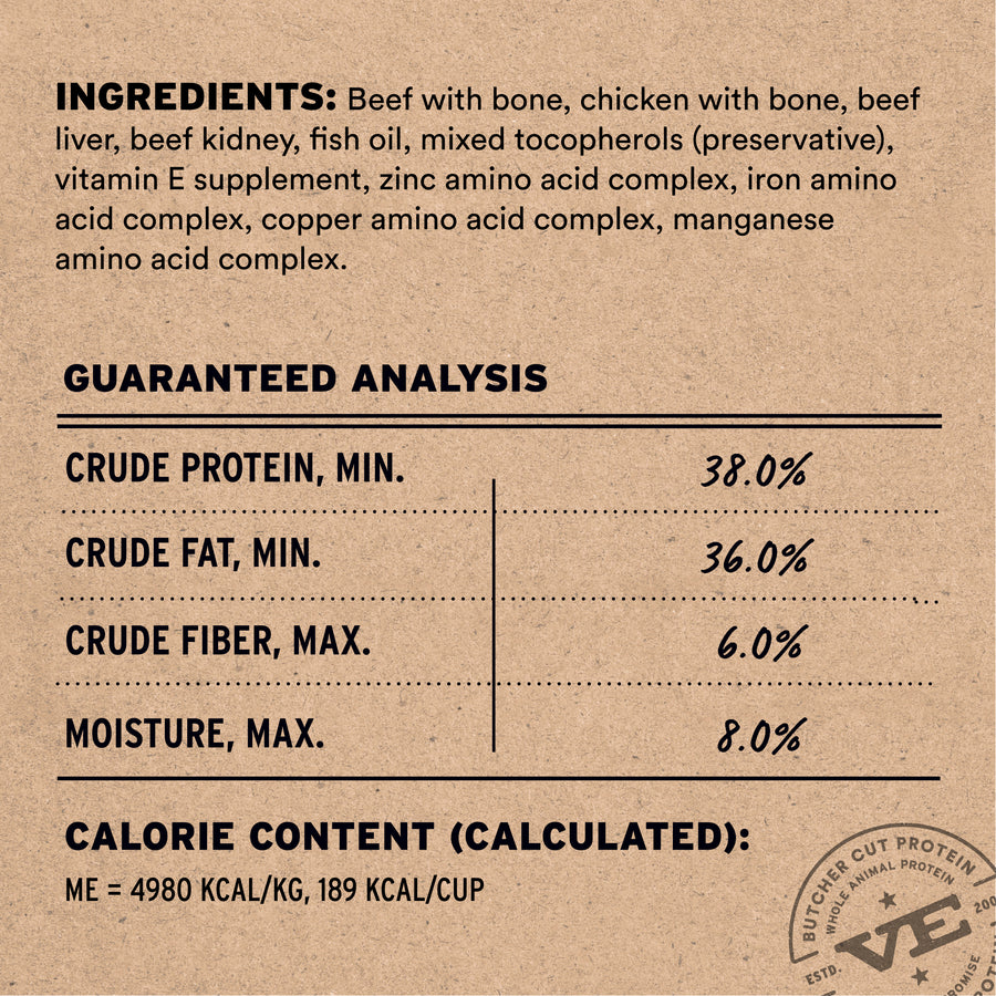 Vital Essentials Freeze Dried Beef & Chicken Soft Nibs Cat Food, ingredients, analysis, and caloric content