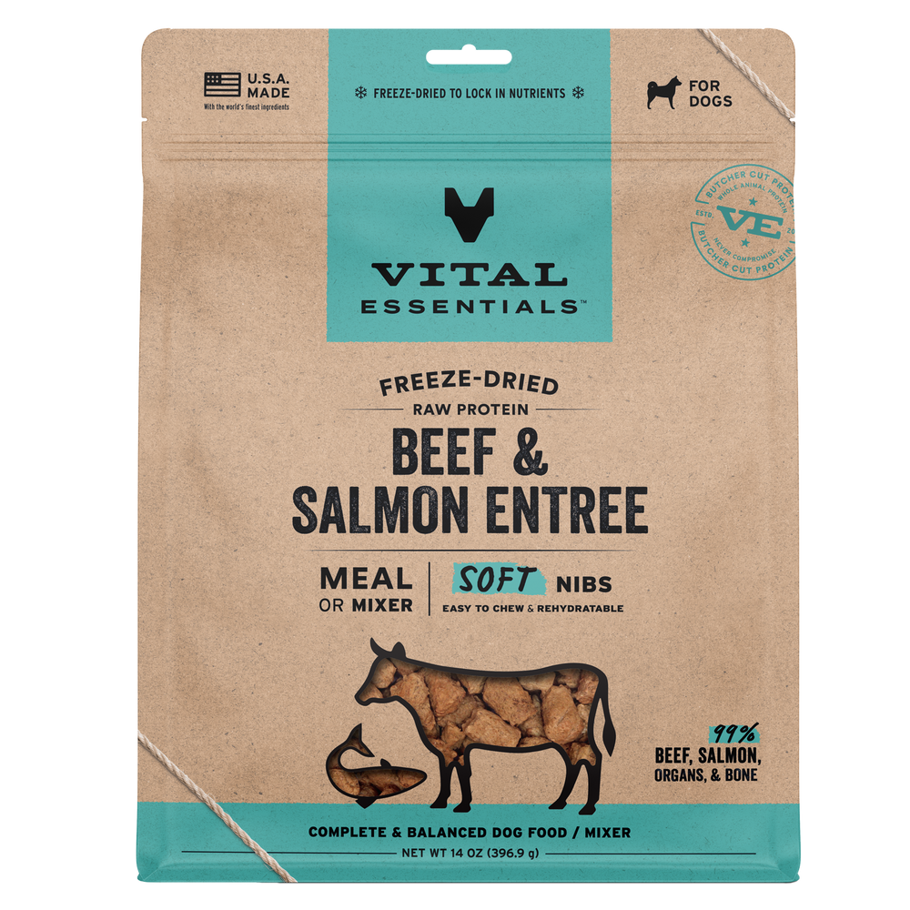 Front Packaging of Vital Essentials Freeze Dried Beef & Salmon Soft Nibs Dog Food 14 oz