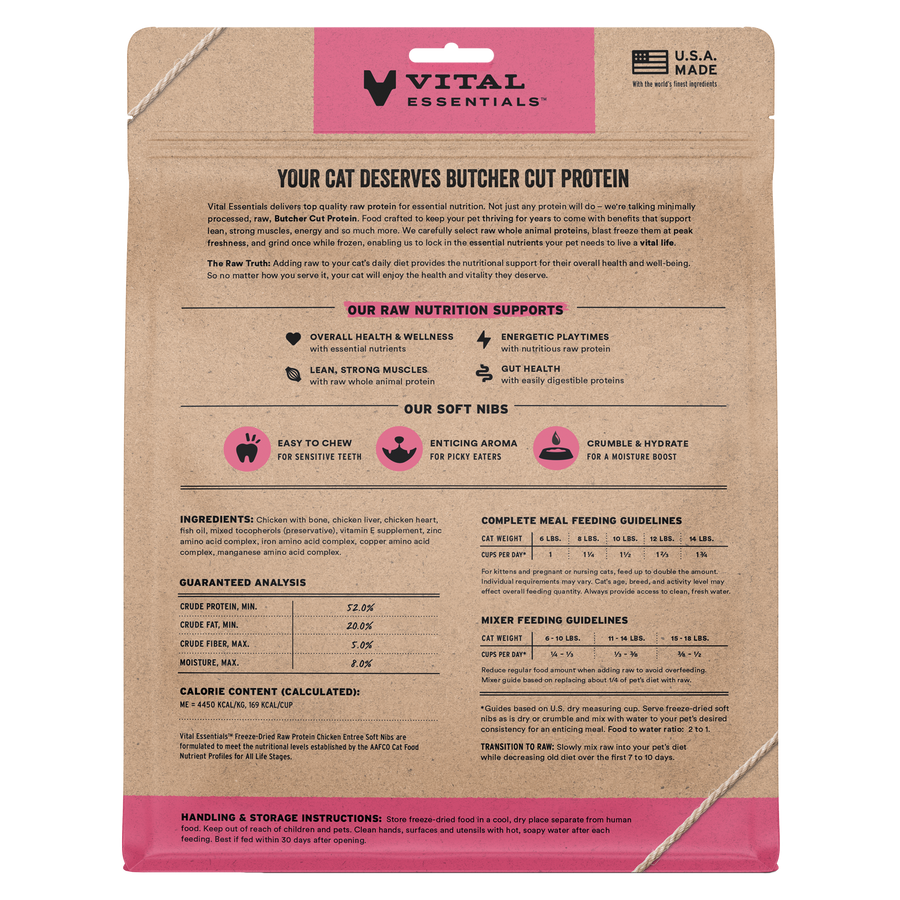 Back Packaging of Vital Essentials Freeze Dried Chicken Soft Nibs Cat Food 12 oz