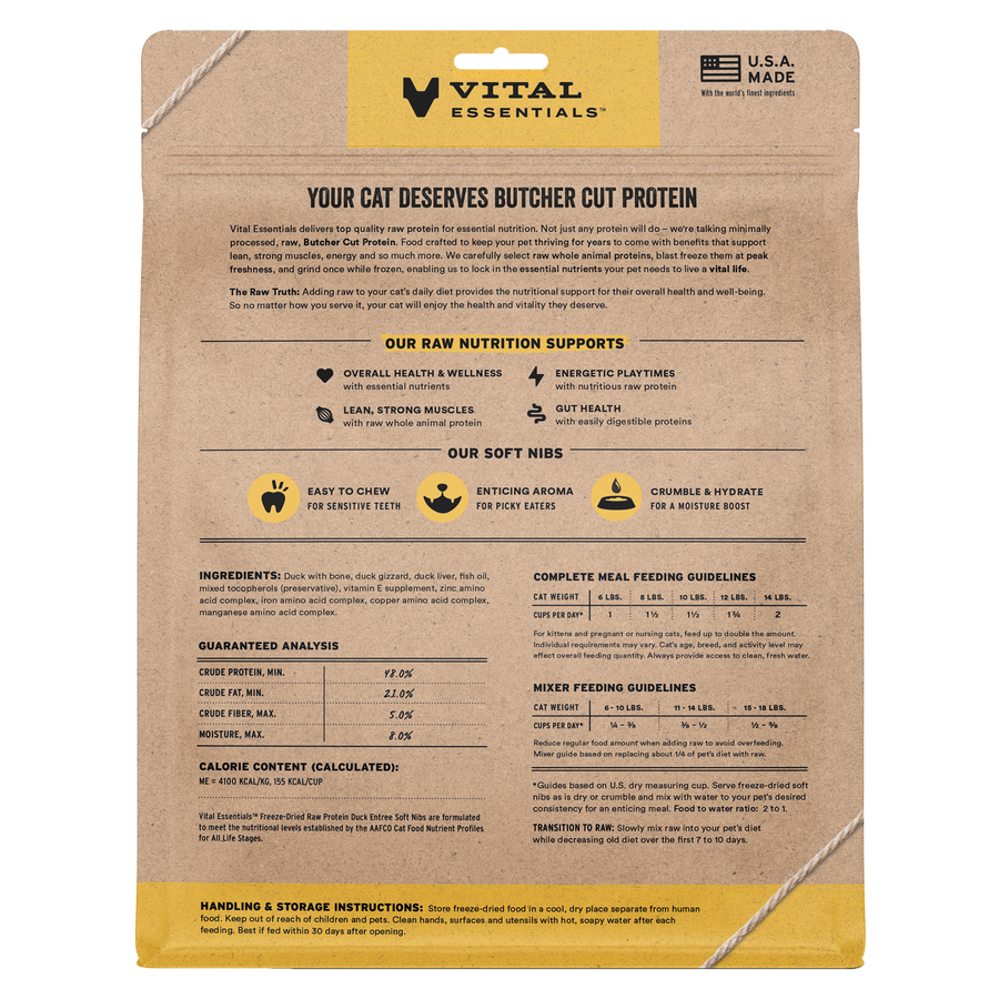 Back Packaging of Vital Essentials Freeze Dried Duck Soft Nibs Cat Food 12 oz