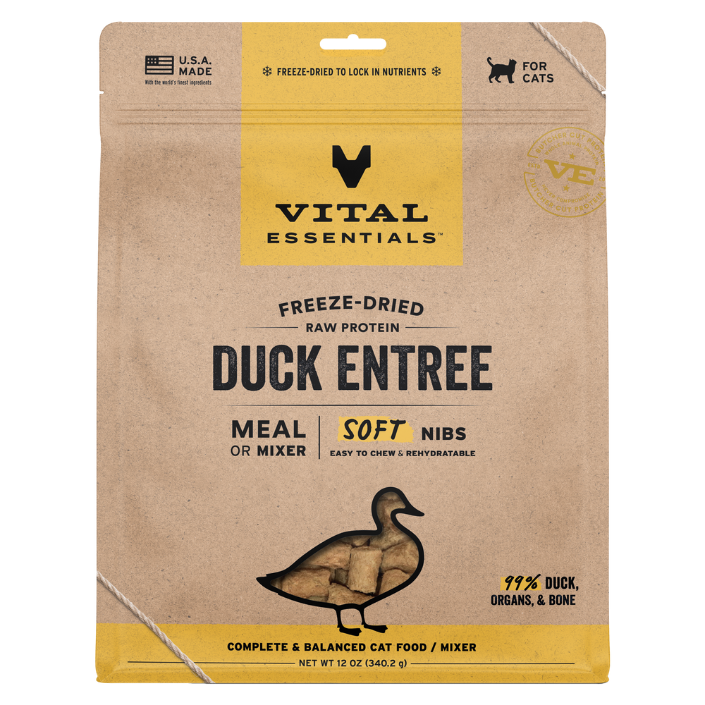Front packaging of Vital Essentials Freeze Dried Duck Soft Nibs Cat Food 12 oz 